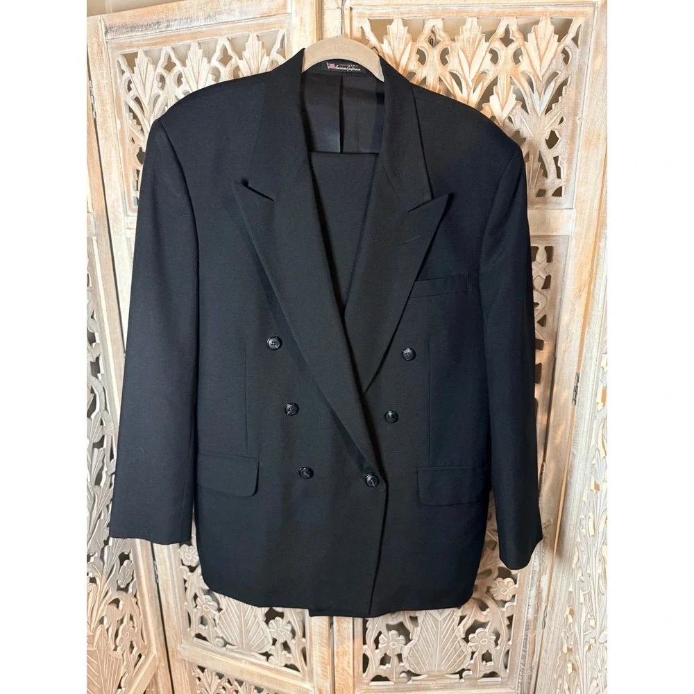 Stafford American Craftsmen Mens 42R Black DoubleBreasted Suit Jacket Wool Blend